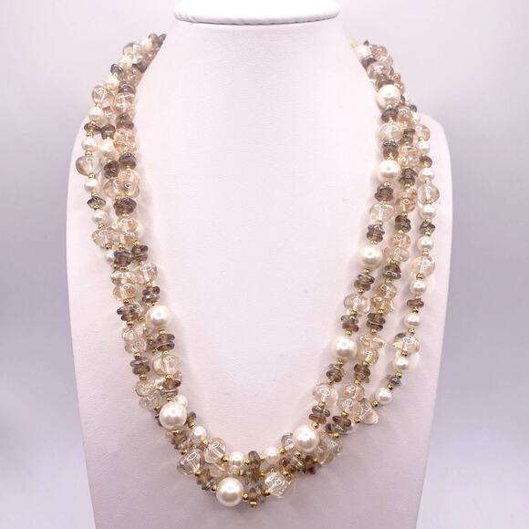 Vntg Napier Signed Three Strands Necklace Faux Pearls and Quartz Beads - Picture 2 of 5